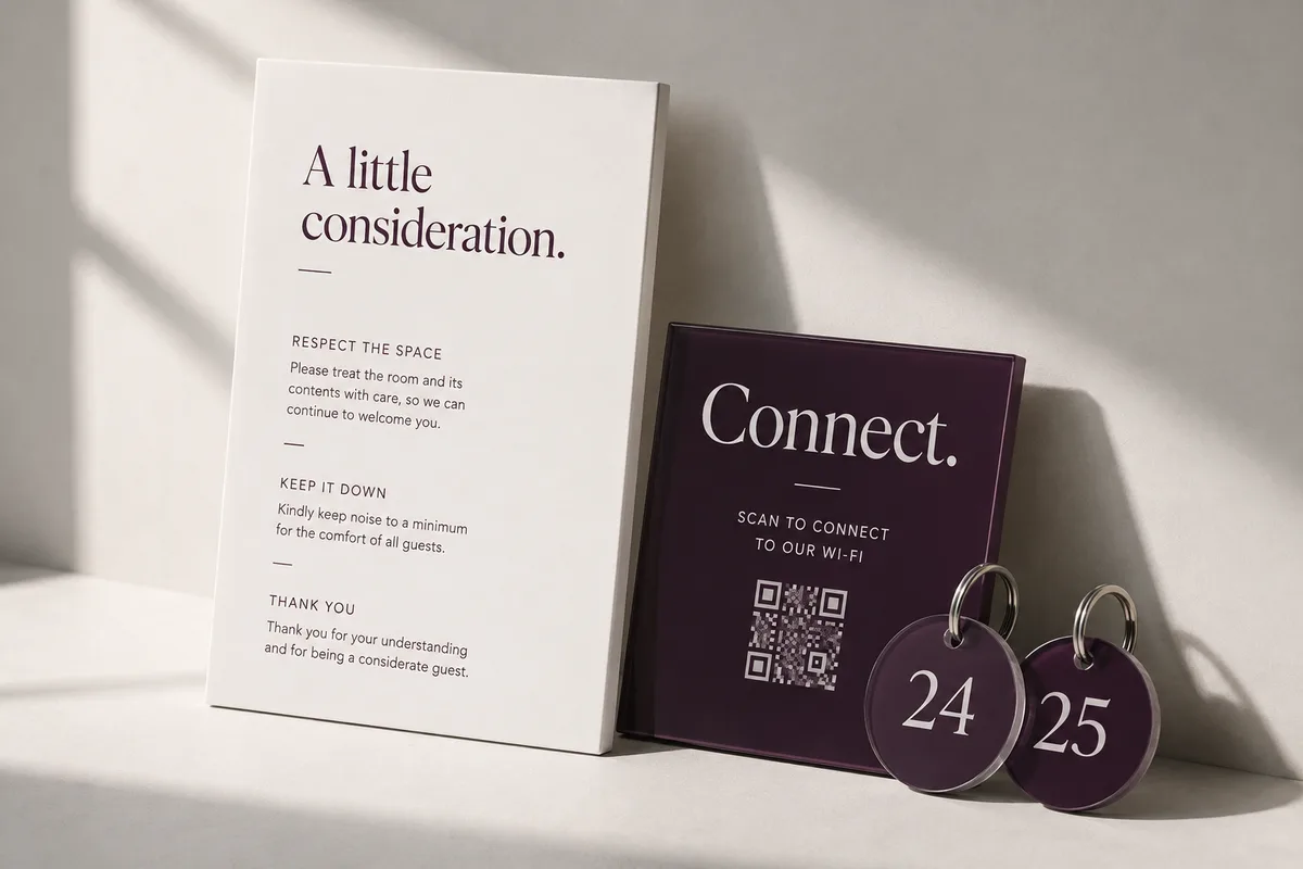 Design concepts for a guest information board, Wi-Fi sign and matching numbered key tags