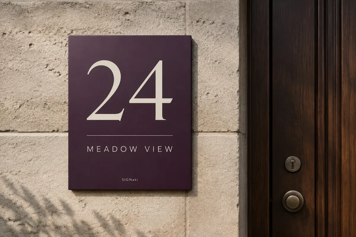 Illustrated installation concept of a purple property plaque beside a timber entrance door