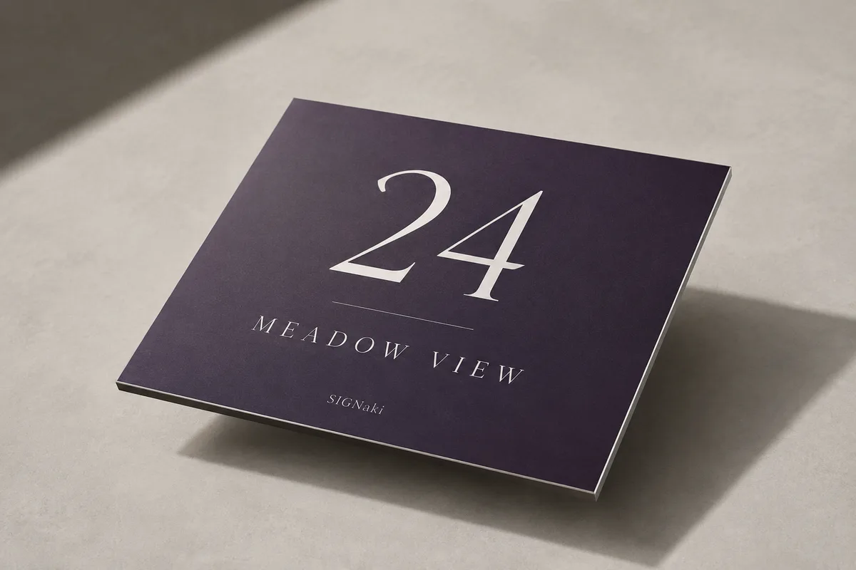 Studio concept: a deep purple Meadow View number 24 plaque with a fine bevelled edge