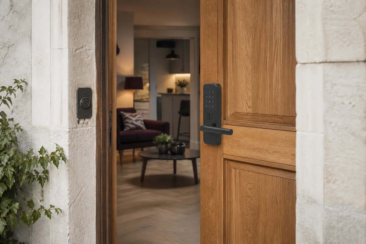 A welcoming property entrance with a smart door lock on an oak door
