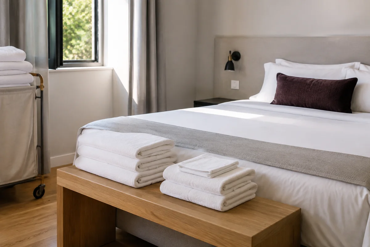 Prepared guest room with fresh towels and bed linen