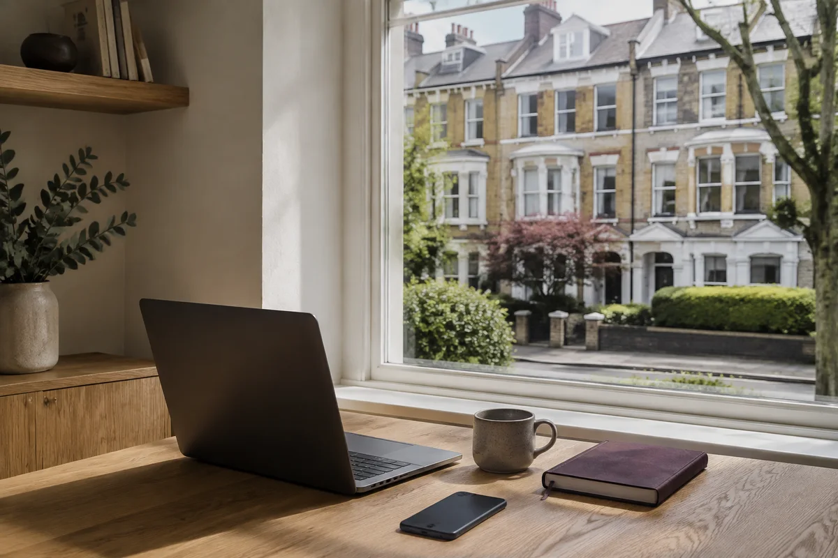 A calm workspace with a laptop for managing properties remotely