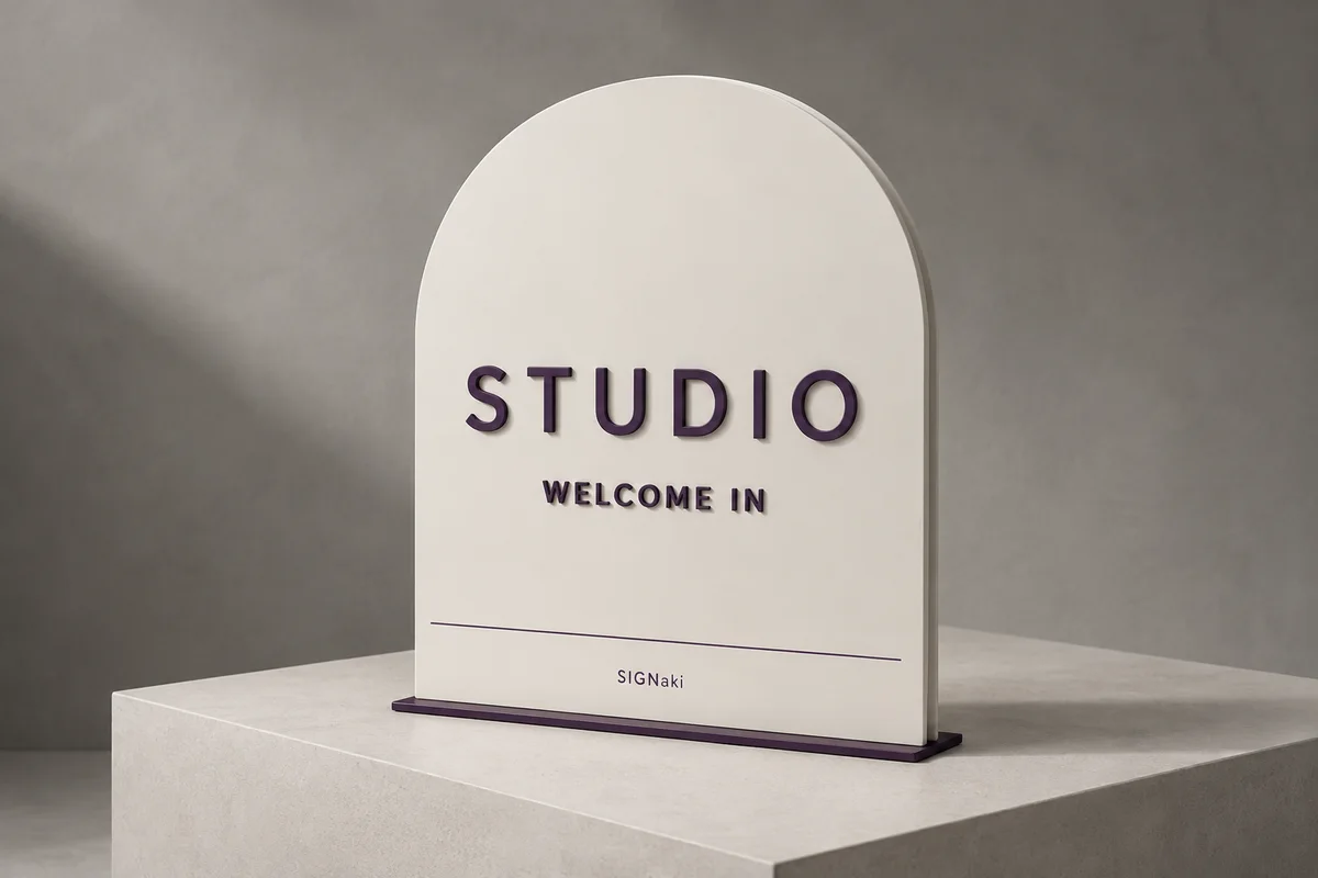 Illustrative design concept of an off-white arch-topped reception sign with raised purple Studio and Welcome In lettering