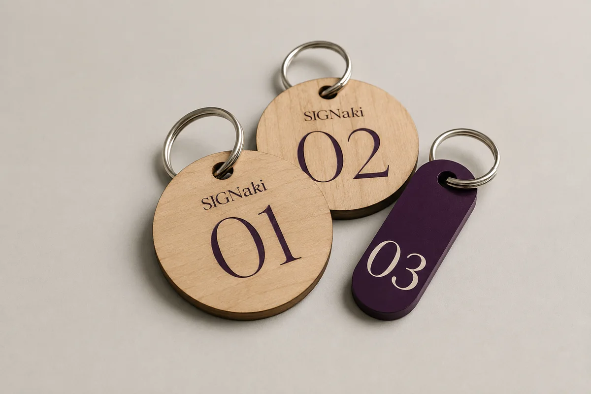 Illustrative design concept of three branded key tags with silver rings: two round pale wood tags numbered 01 and 02 and a rounded purple tag numbered 03