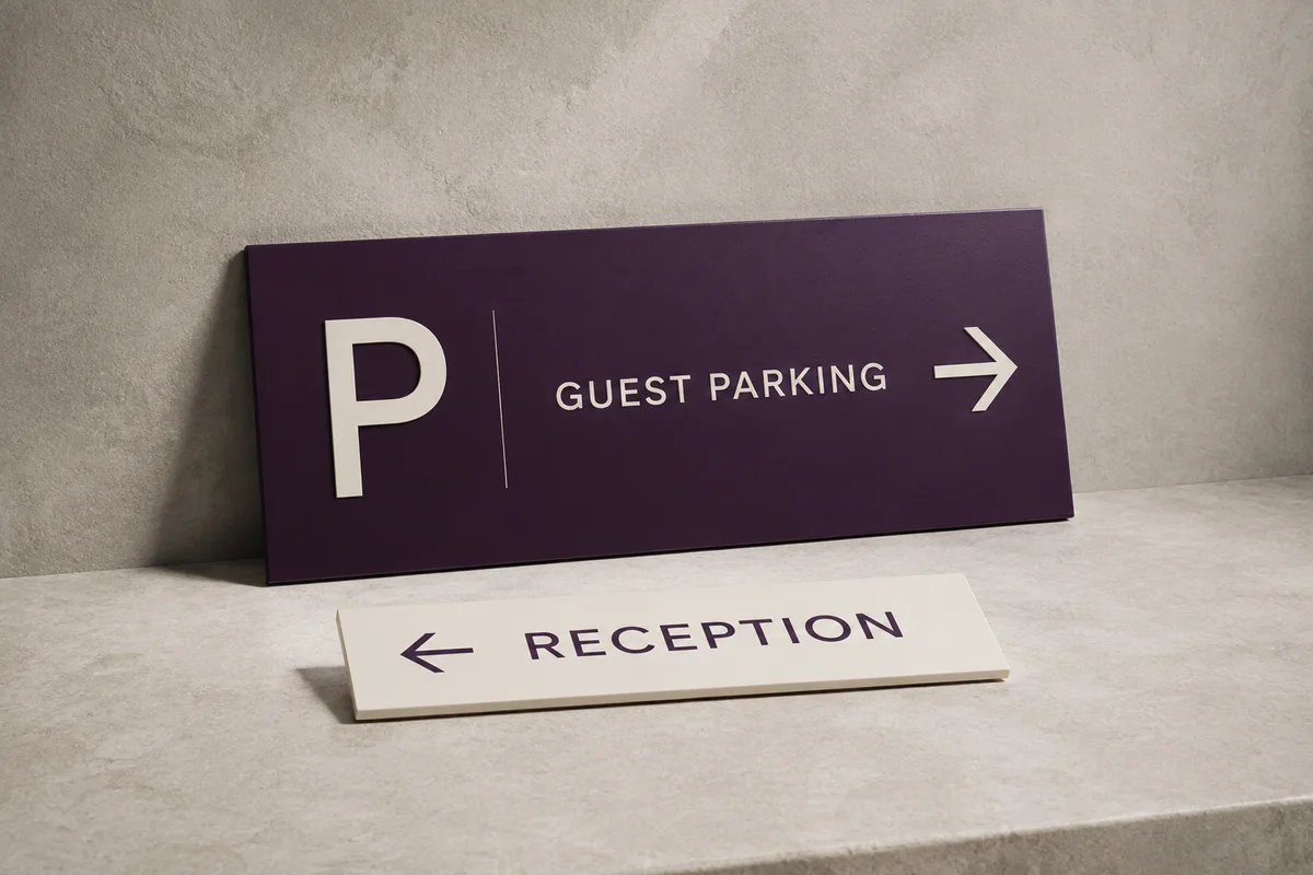 Illustrative design concept of a purple guest parking sign with a right arrow and a smaller white reception sign with a left arrow