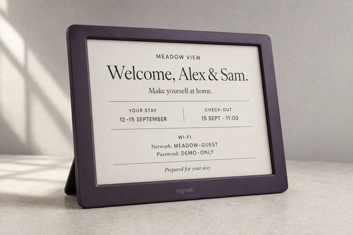 Product mockup of a matte black-framed monochrome e-ink welcome sign for Alex and Sam, displaying example Wi-Fi details and stay information