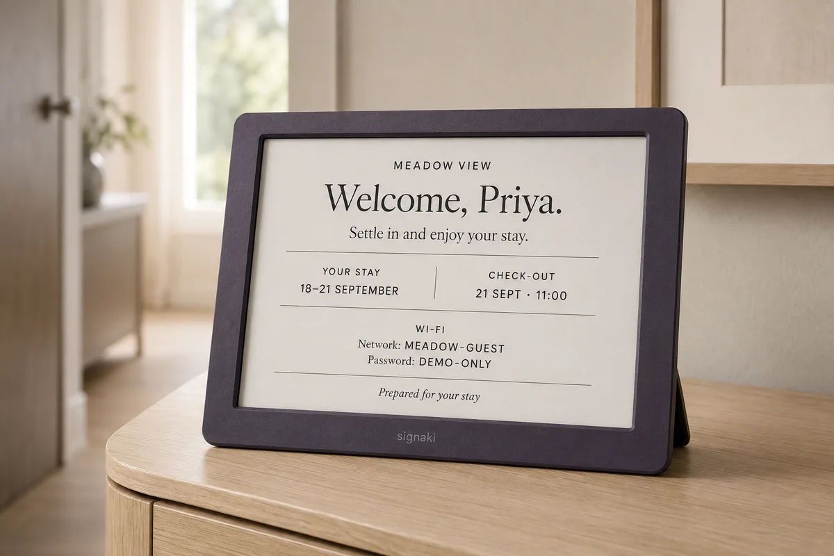 Product mockup of a Signaki e-ink display in a guest apartment, showing an illustrative welcome for Priya and sample Wi-Fi details